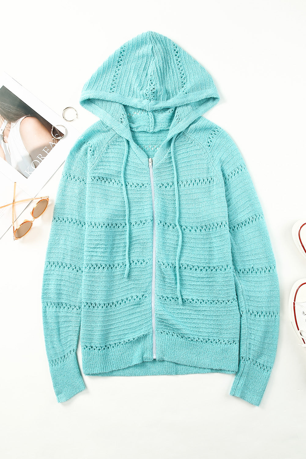 Zip-Up Raglan Sleeve Openwork Hooded Cardigan Pastel Blue for a perfect OOTD – dress to impress outfits from Amexza