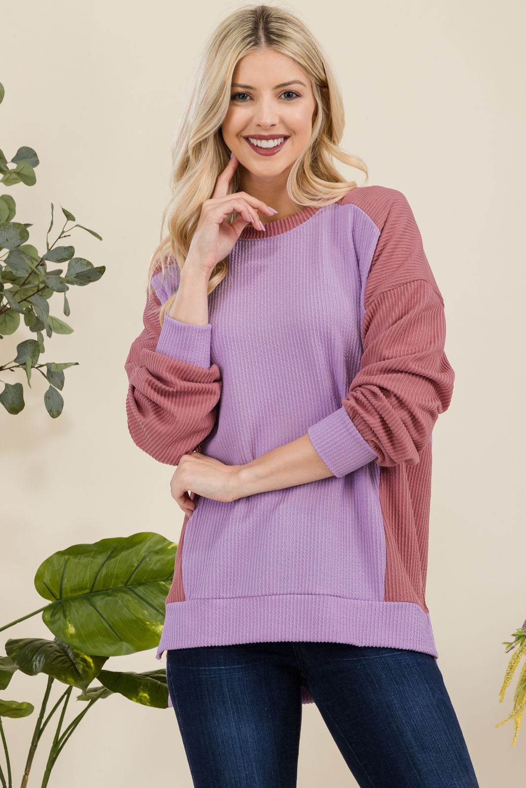 Celeste Full Size High-Low Contrast Round Neck Sweatshirt for a perfect OOTD – dress to impress outfits from Amexza