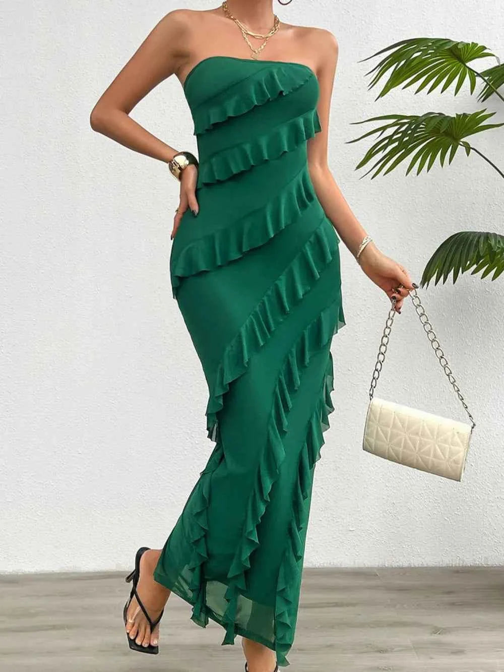 Devine Ruffled Slit Back Tube Maxi Dress