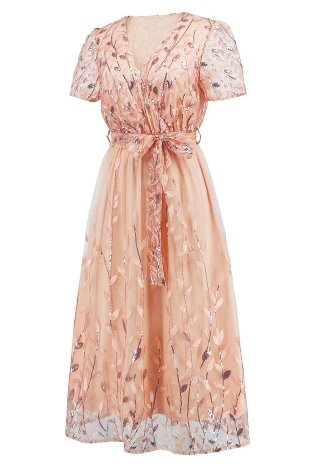 Sequin Leaf Embroidery Tie Front Short Sleeve Dress for a perfect OOTD – dress to impress outfits from Amexza