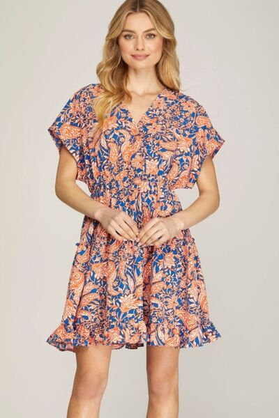 She + Sky Full Size Ruffled Hem Printed Surplice Kimono Sleeve Mini Dress Plus Size Royal Blue for a perfect OOTD – dress to impress outfits from Amexza