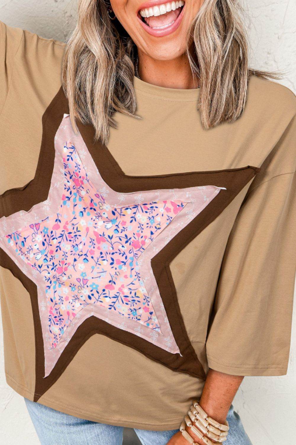 Star Applique Patch Round Neck T-Shirt Tan for a perfect OOTD – dress to impress outfits from Amexza