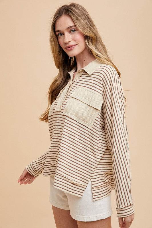 Annie Wear Striped Button Detail Long Sleeve Polo Top for a perfect OOTD – dress to impress outfits from Amexza