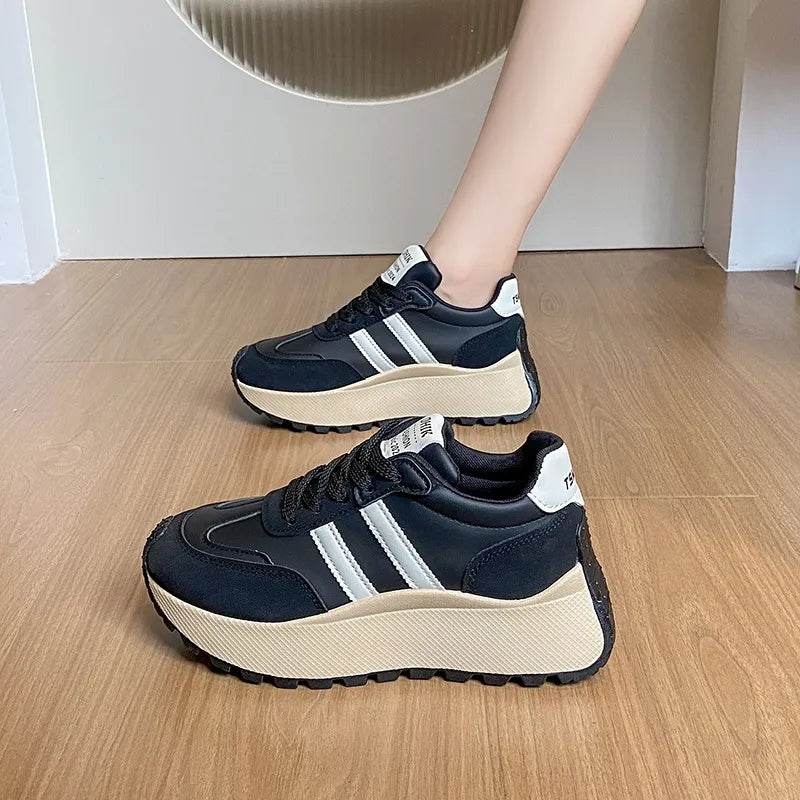 Side Striped Lace Up Platform Athletic Sneakers Black for a perfect OOTD – dress to impress outfits from Amexza