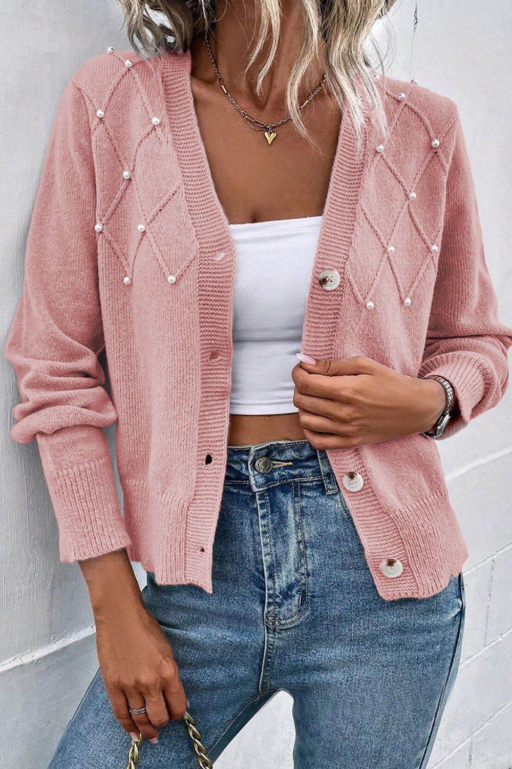 Beaded V-Neck Button Up Long Sleeve Cardigan Pink for a perfect OOTD – dress to impress outfits from Amexza