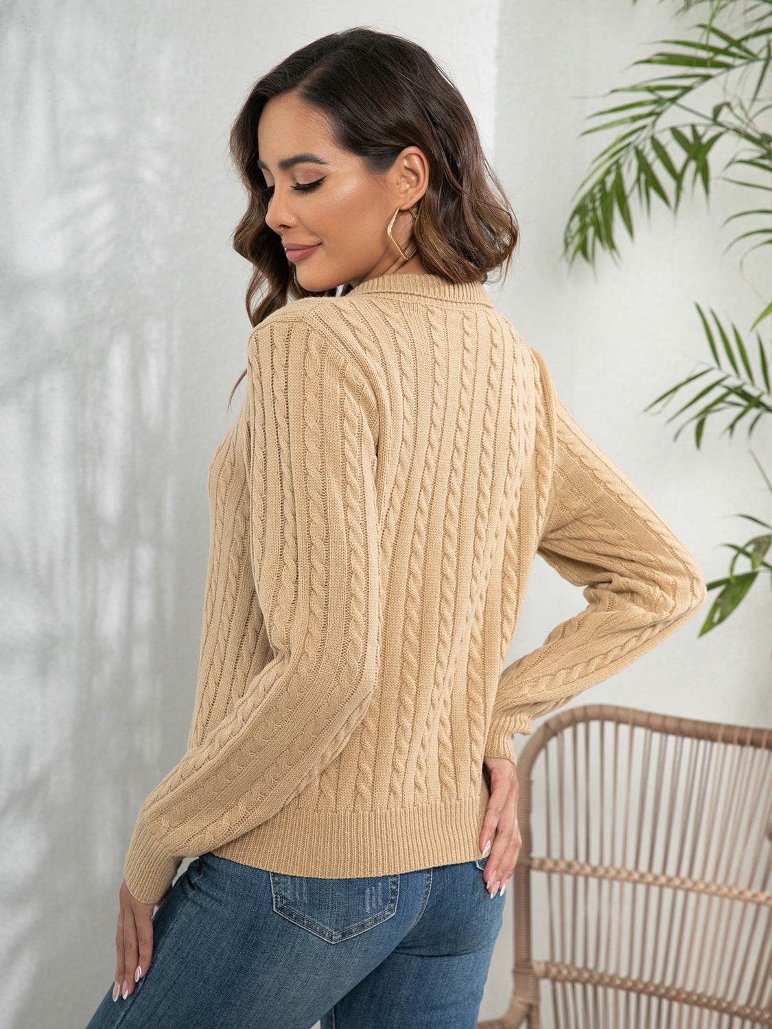 Johnny Collar Cable-Knit Long Sleeve Sweater for a perfect OOTD – dress to impress outfits from Amexza