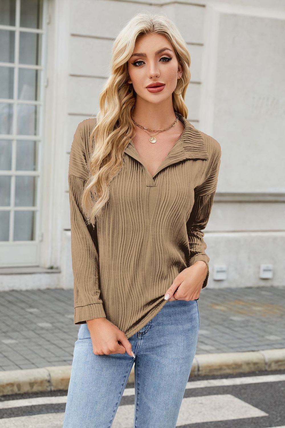 Texture Collared Neck Long Sleeve Blouse Taupe for a perfect OOTD – dress to impress outfits from Amexza