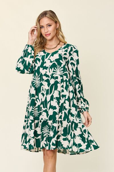 Double Take Full Size Printed Ruffle Hem Dress with Pocket Dark Green for a perfect OOTD – dress to impress outfits from Amexza