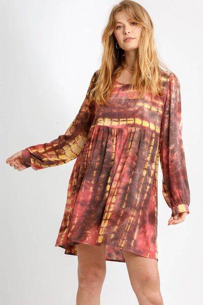 Umgee Full Size Tie Dye Long Sleeve Babydoll Dress with Keyhole Plus Size CORAL MOCHA for a perfect OOTD – dress to impress outfits from Amexza