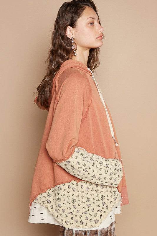 POL Floral Patchwork Distressed Drawstring Hoodie for a perfect OOTD – dress to impress outfits from Amexza