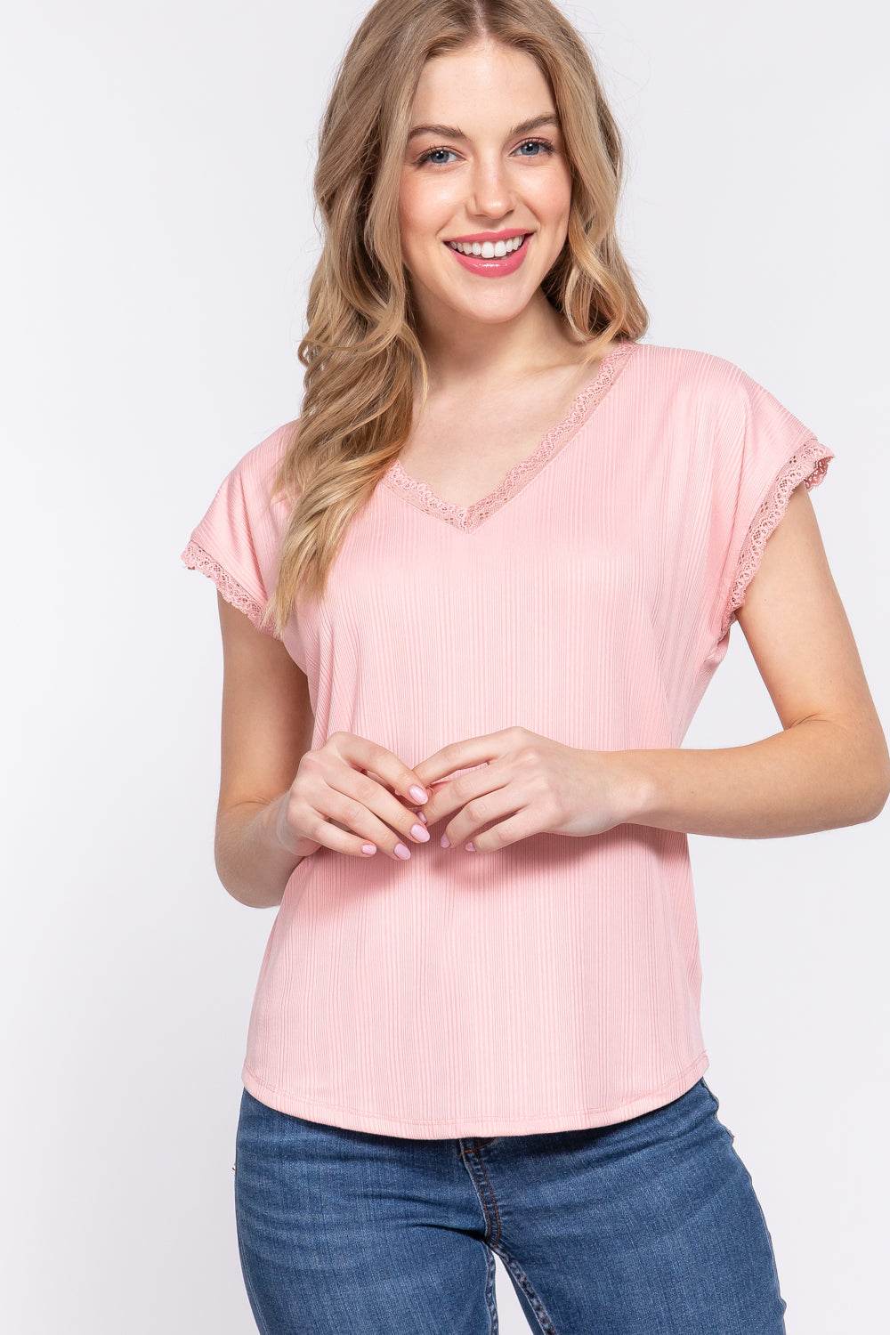 ACTIVE BASIC Lace Trim V-Neck Short Sleeve Ribbed Top PINK for a perfect OOTD – dress to impress outfits from Amexza