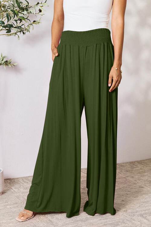 Basic Bae Full Size Smocked Wide Waistband Wide Leg Pants Army Green for a perfect OOTD – dress to impress outfits from Amexza