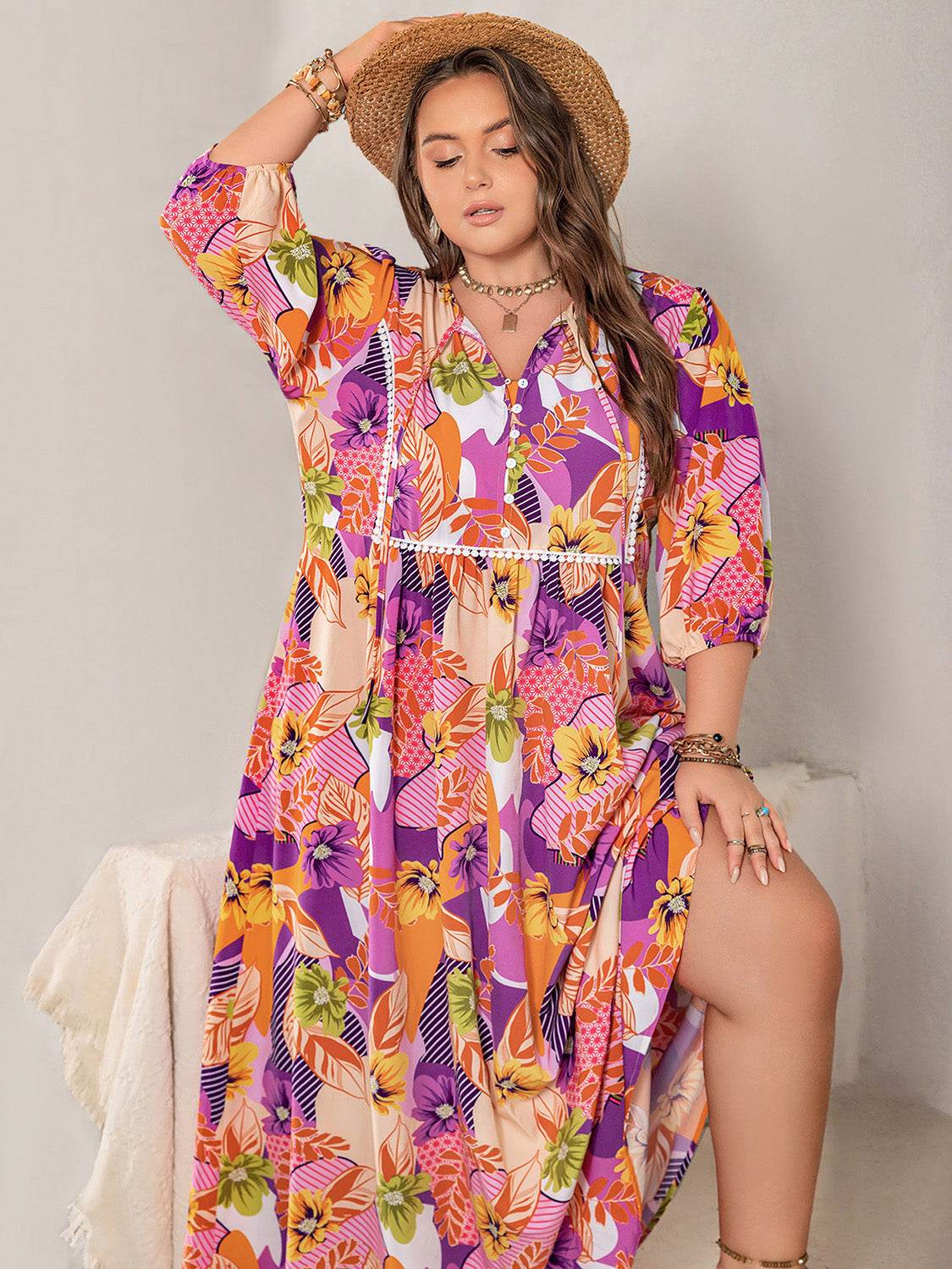 Plus Size Printed Tie Neck Maxi Dress for a perfect OOTD – dress to impress outfits from Amexza