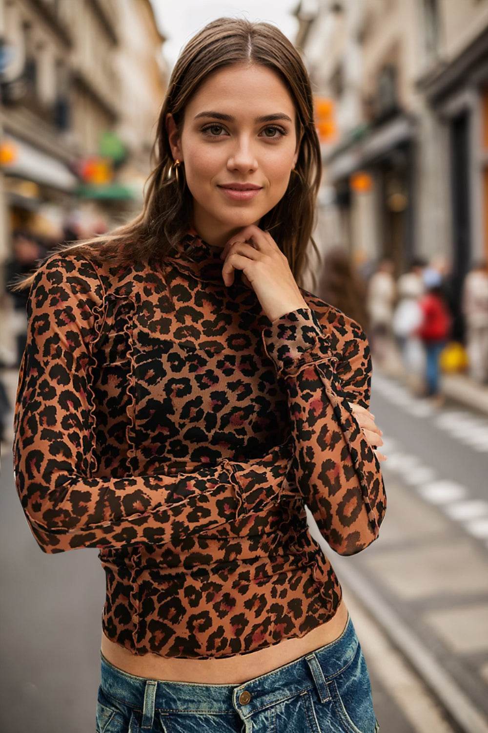 Oh Full Size Frill Printed Mock Neck Long Sleeve Top Leopard for a perfect OOTD – dress to impress outfits from Amexza