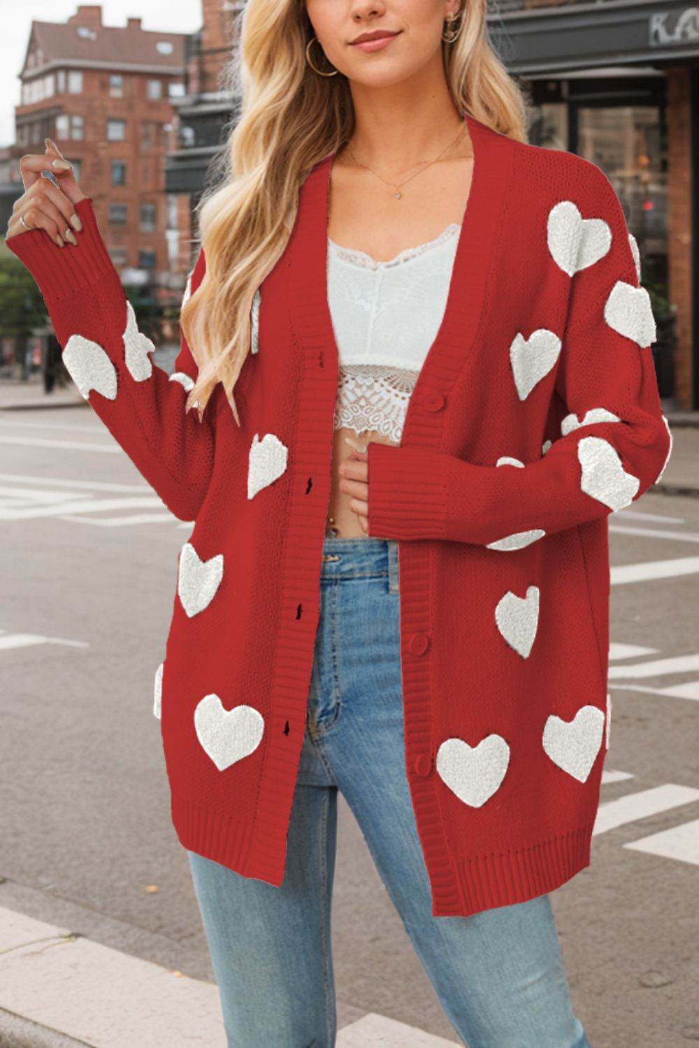 Heart Button Down Long Sleeve Cardigan for a perfect OOTD – dress to impress outfits from Amexza