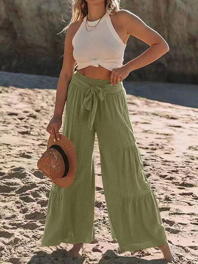 Tied Ruched Wide Leg Pants Moss for a perfect OOTD – dress to impress outfits from Amexza