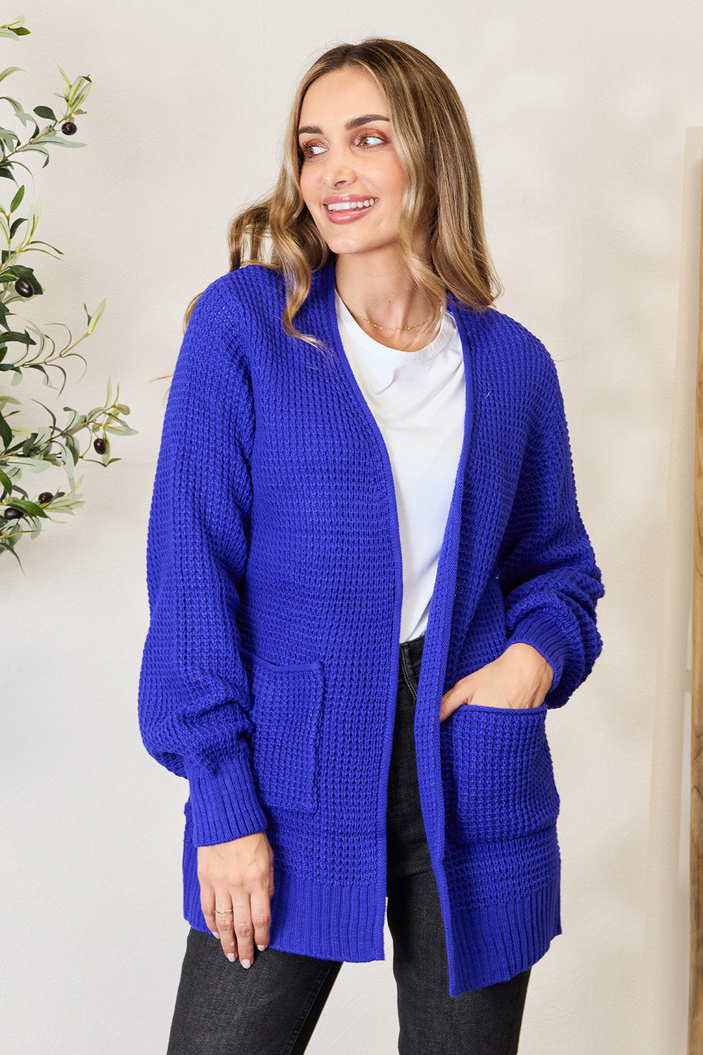 Zenana Full Size Waffle-Knit Open Front Cardigan Bright Blue for a perfect OOTD – dress to impress outfits from Amexza