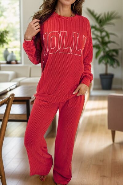 JOLLY Round Neck Long Sleeve Top and Pants Lounge Set Deep Red for a perfect OOTD – dress to impress outfits from Amexza