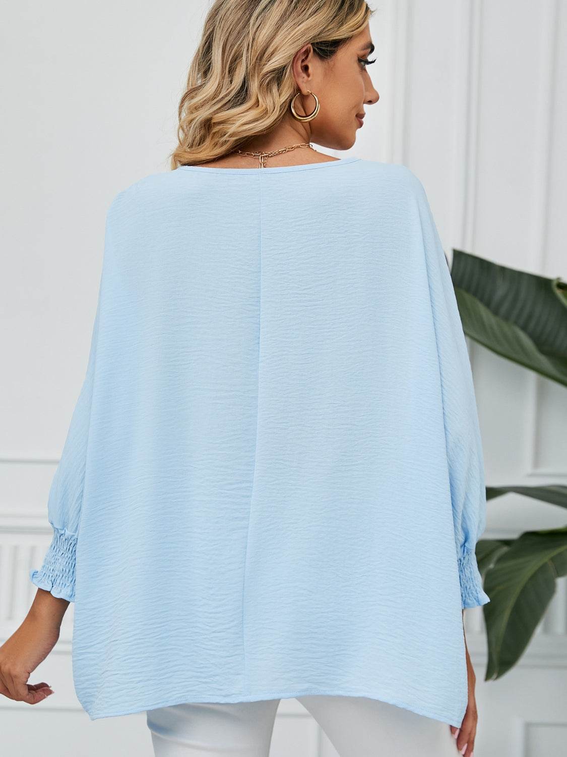 Smocked Lantern Sleeve Round Neck Blouse for a perfect OOTD – dress to impress outfits from Amexza