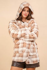 VERY J Fuzzy Plaid Long Sleeve Hooded Jacket - Amexza