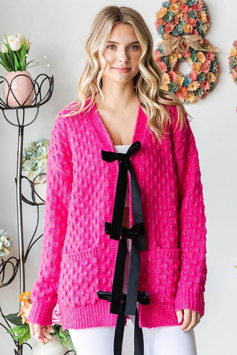 First Love Tie Closure Open Knit Cardigan for a perfect OOTD – dress to impress outfits from Amexza