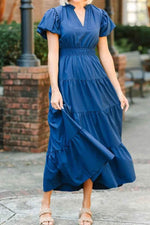 Notched Short Puff Sleeve Dress Blue for a perfect OOTD – dress to impress outfits from Amexza