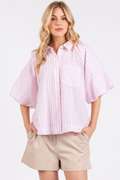 Mittoshop Button Down Striped Puff Sleeve Shirt Pink for a perfect OOTD – dress to impress outfits from Amexza