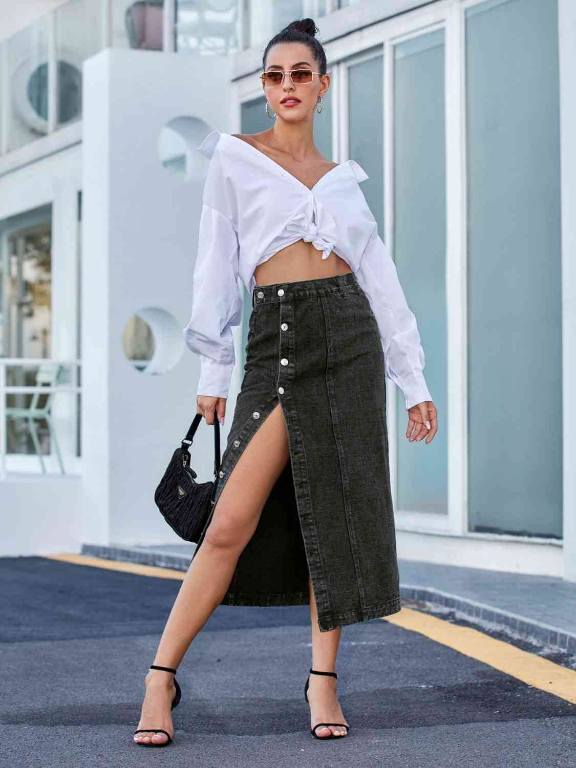 Button Down Denim Skirt - Amexza