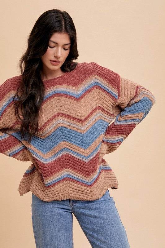 Annie Wear Multi Color Zig-Zag Round Neck Sweater for a perfect OOTD – dress to impress outfits from Amexza