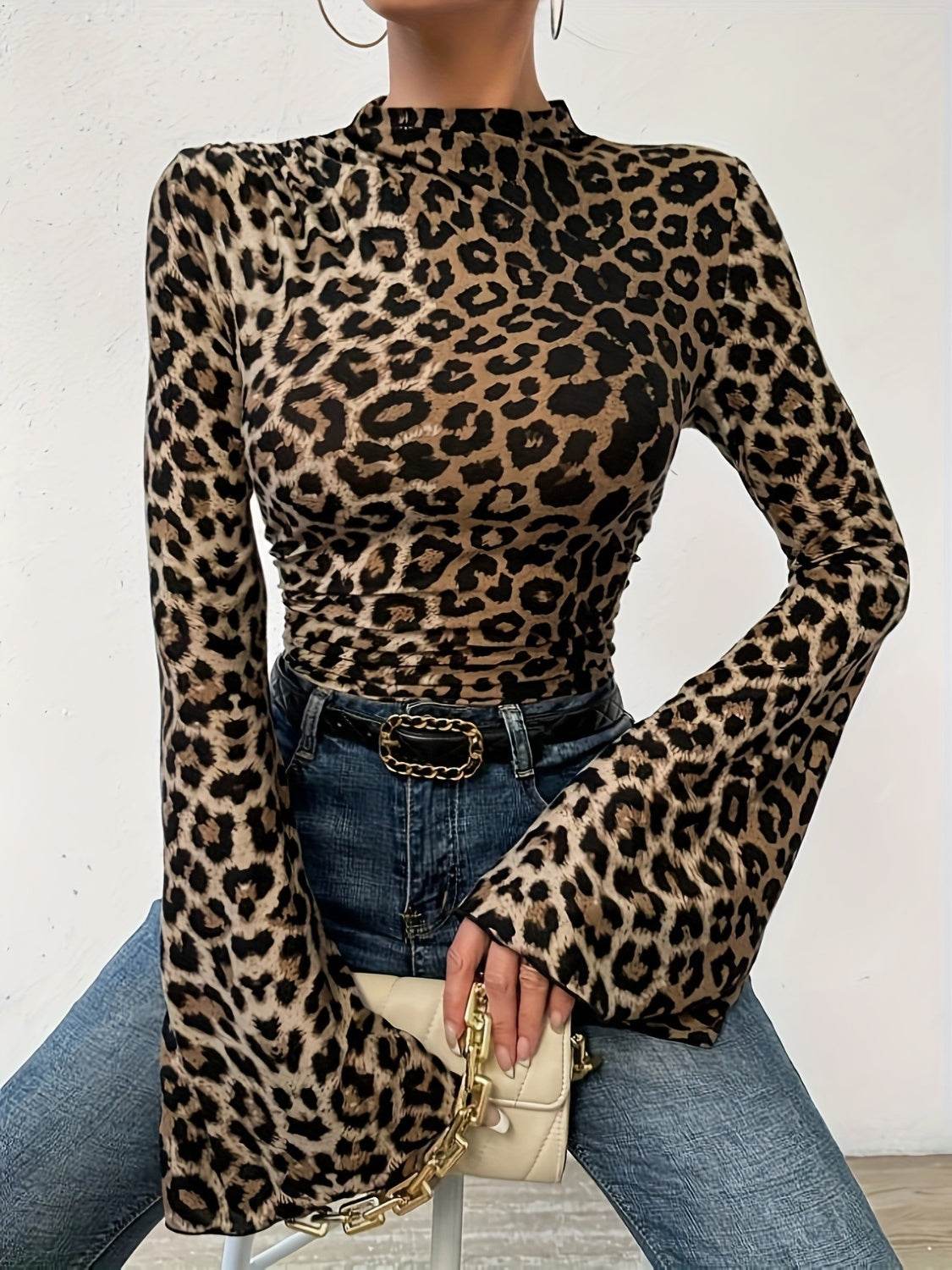 Leopard Mock Neck Flare Sleeve Top Leopard for a perfect OOTD – dress to impress outfits from Amexza