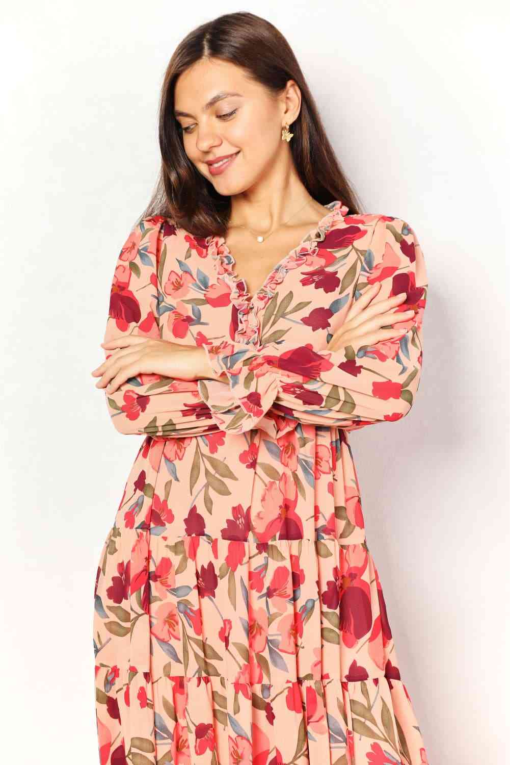 Double Take Floral Frill Trim Flounce Sleeve Plunge Maxi Dress for a perfect OOTD – dress to impress outfits from Amexza