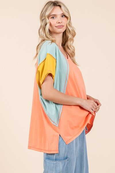 Mittoshop Color Block V-Neck Short Sleeve T-Shirt for a perfect OOTD – dress to impress outfits from Amexza