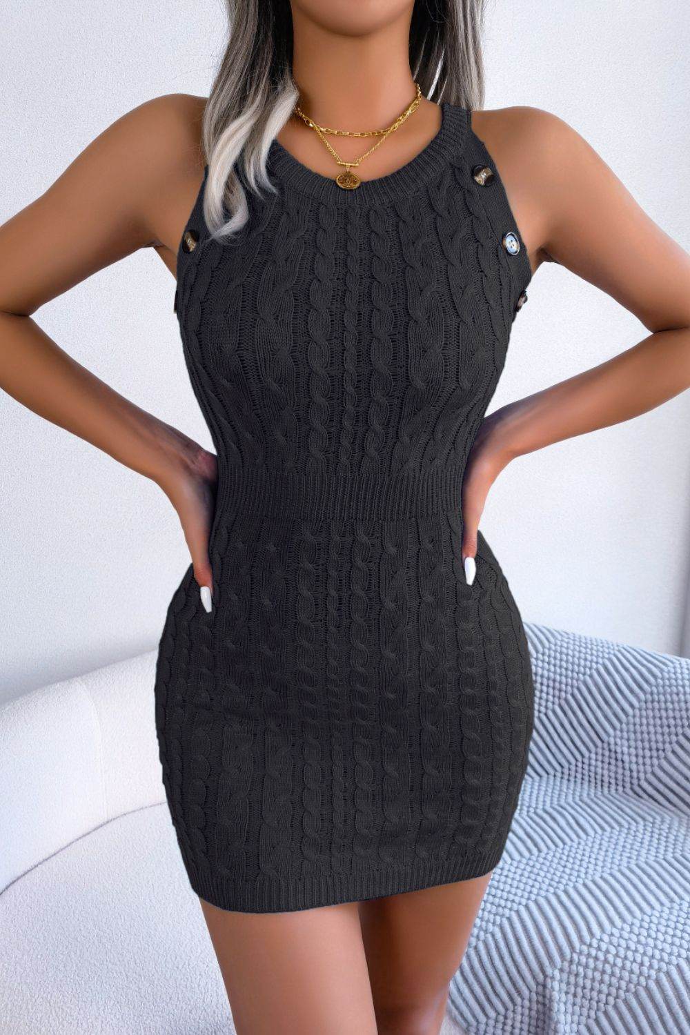 Decorative Button Sleeveless Cable-Knit Dress Black for a perfect OOTD – dress to impress outfits from Amexza