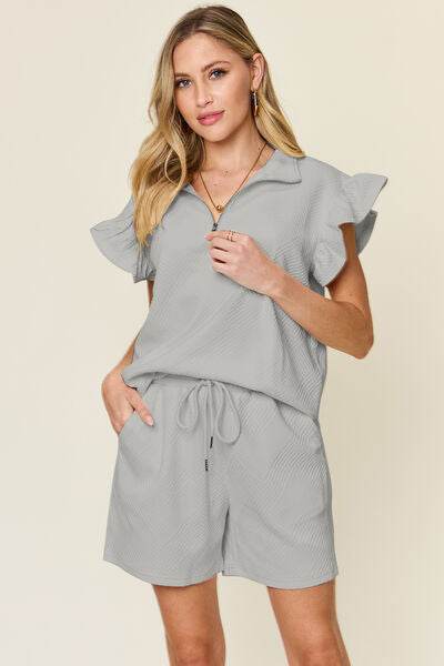 Double Take Full Size Texture Flounce Sleeve Top and Drawstring Shorts Set Light Gray for a perfect OOTD – dress to impress outfits from Amexza