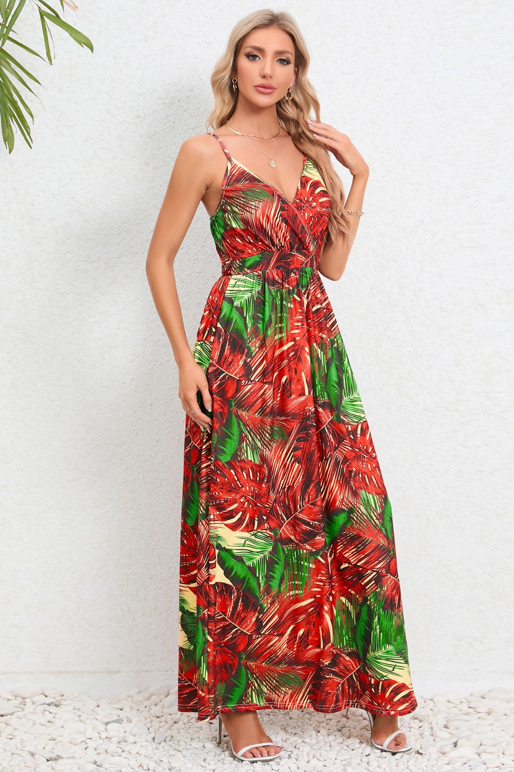 Printed Surplice Maxi Cami Dress - Orange-Red / S