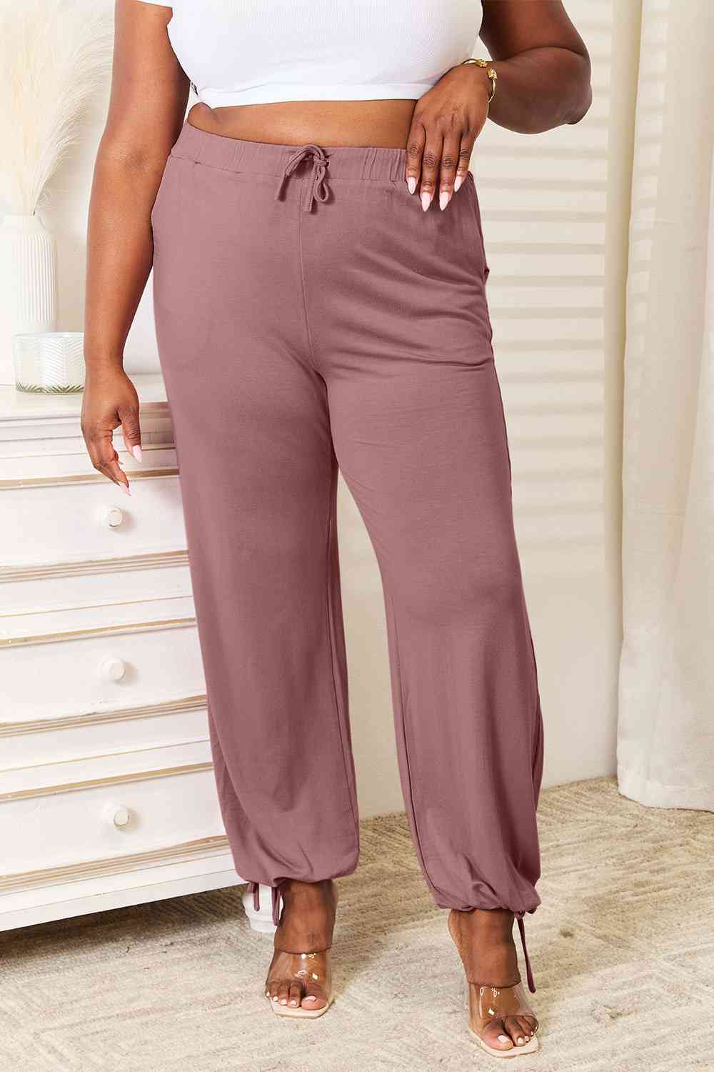 Basic Bae Full Size Soft Rayon Drawstring Waist Pants with Pockets Dusty Pink for a perfect OOTD – dress to impress outfits from Amexza