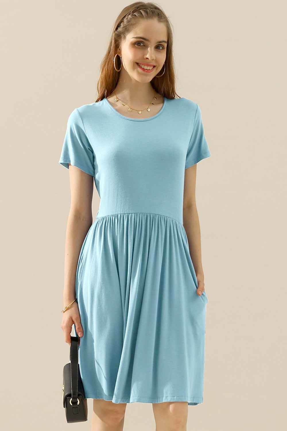 Ninexis Full Size Round Neck Ruched Dress with Pockets LT BLUE for a perfect OOTD – dress to impress outfits from Amexza