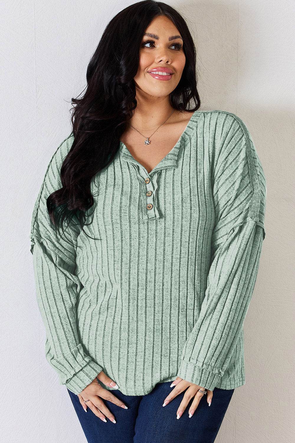 Basic Bae Full Size Ribbed Half Button Long Sleeve T-Shirt for a perfect OOTD – dress to impress outfits from Amexza