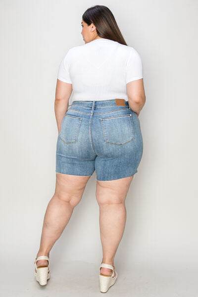 Judy Blue Full Size High Waist Raw Hem Denim Shorts for a perfect OOTD – dress to impress outfits from Amexza