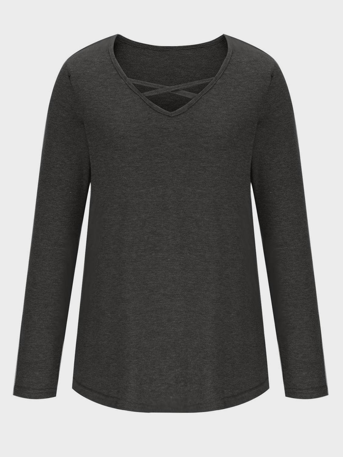 Crisscross V-Neck Long Sleeve T-Shirt - Amexza
