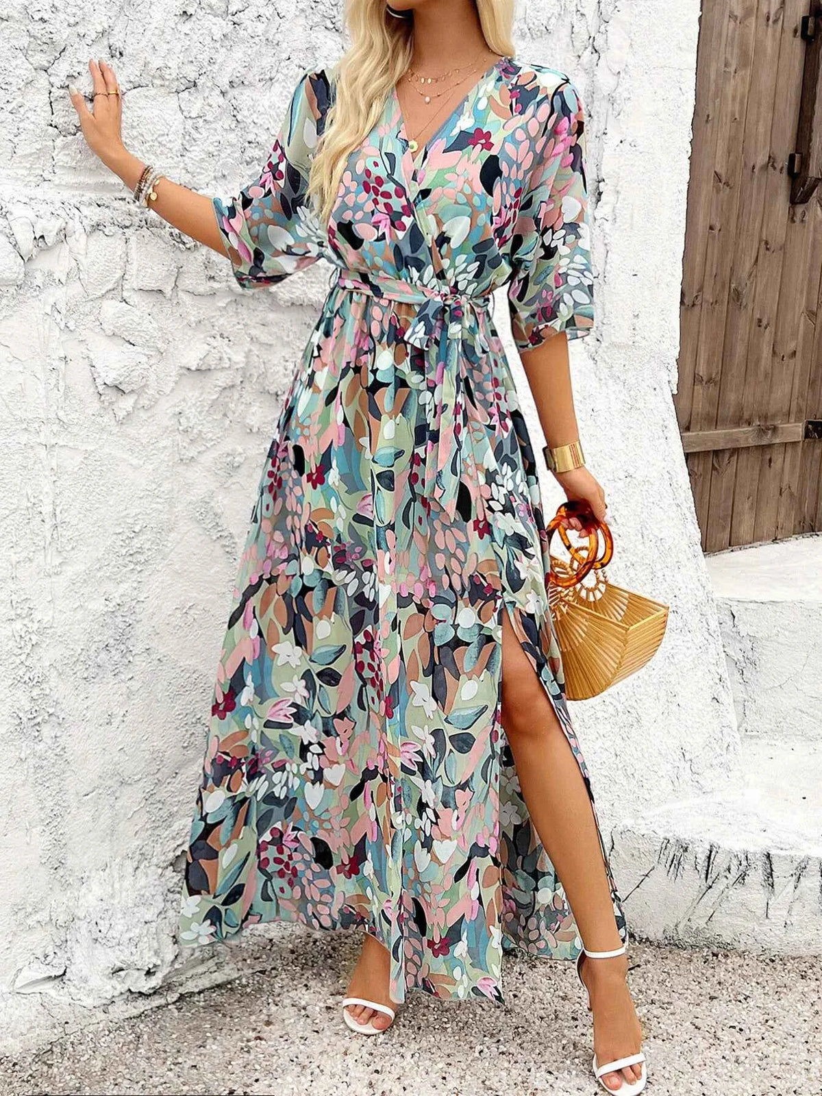 Slit Printed Surplice Half Sleeve Maxi Dress