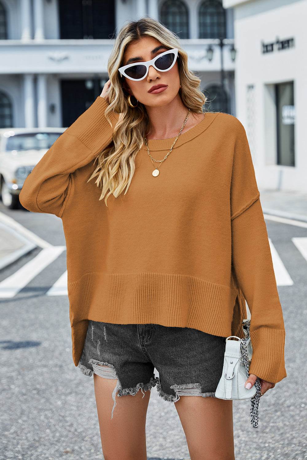 Round Neck Dropped Shoulder Slit Sweater for a perfect OOTD – dress to impress outfits from Amexza