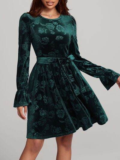 Tied Flower Print Round Neck Flounce Sleeve Dress Dark Green for a perfect OOTD – dress to impress outfits from Amexza