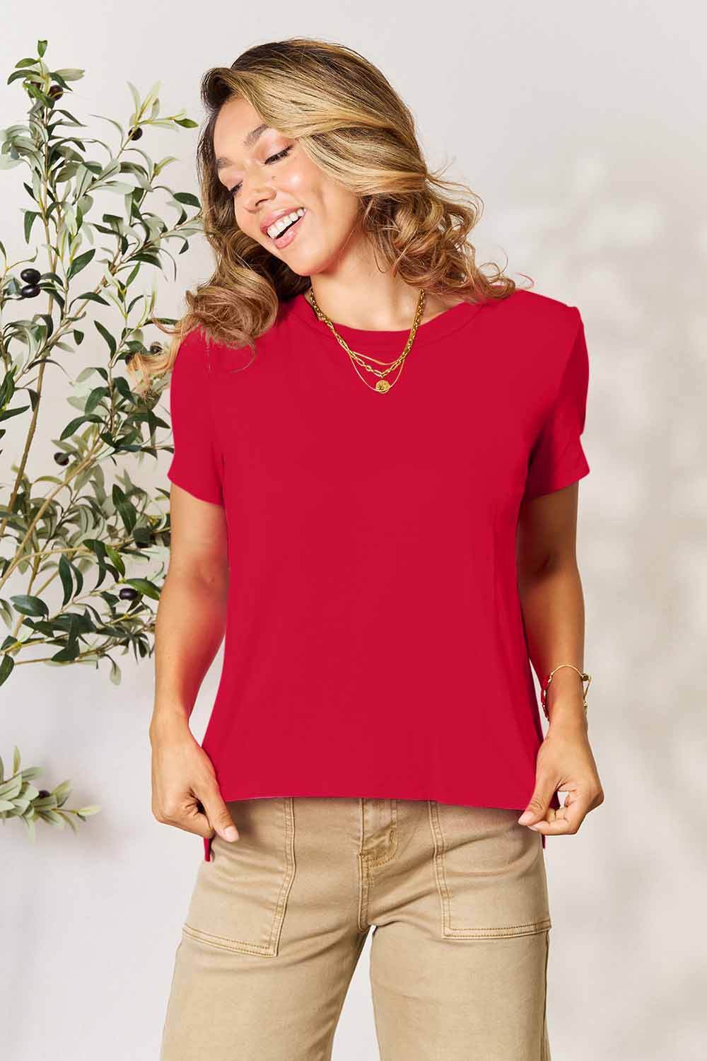 Basic Bae Full Size Round Neck Short Sleeve T-Shirt Red for a perfect OOTD – dress to impress outfits from Amexza