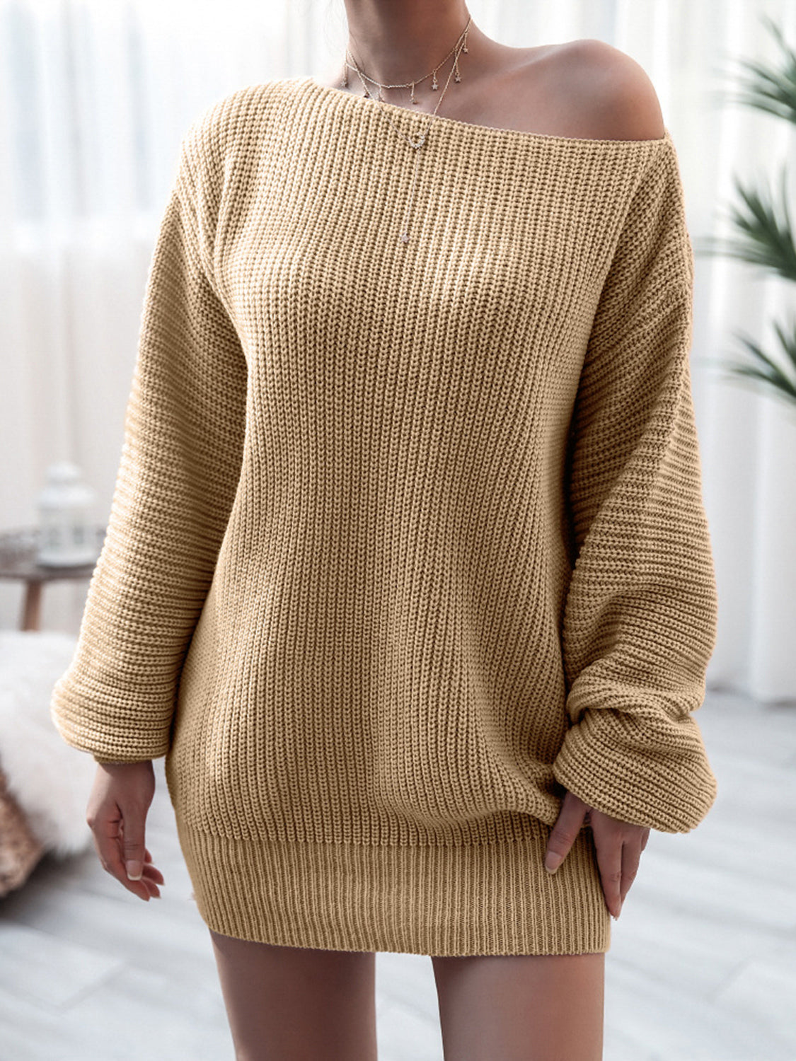 Rib-Knit Mini Sweater Dress - Khaki / S