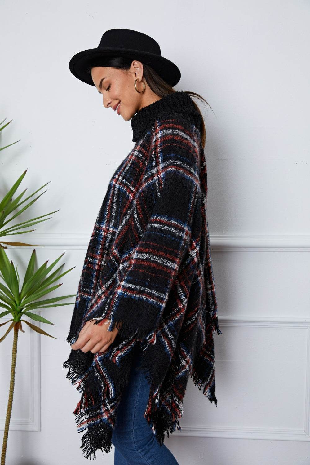 Shiny Turtleneck Plaid Raw Hem Sweater for a perfect OOTD – dress to impress outfits from Amexza