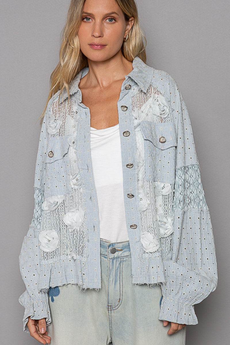 POL Eyelet Flower Pearl Detail Lace Patchwork Shirt Powder Blue for a perfect OOTD – dress to impress outfits from Amexza