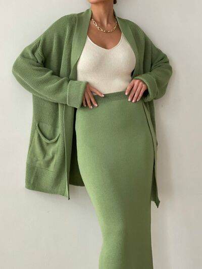 Pocketed Long Sleeve Cardigan and Skirt Sweater Set - Amexza