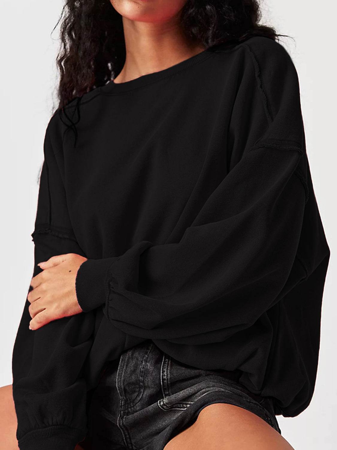 Exposed Seam Round Neck Long Sleeve Sweatshirt Black for a perfect OOTD – dress to impress outfits from Amexza