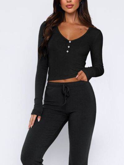 V-Neck Long Sleeve Top and Pants Set - Amexza